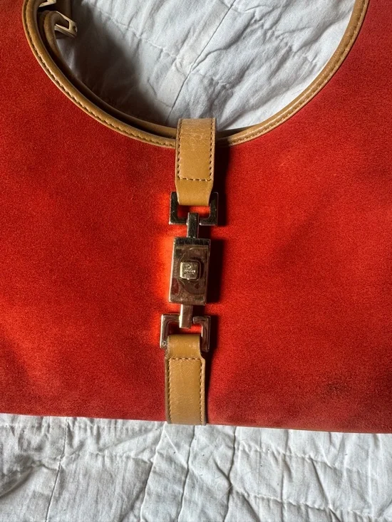 RARE GUCCI Vintage Red Orange Suede Jackie Bag Top-Handle Shoulder Bag - Picture 11 of 16